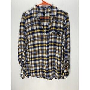 Kut From The Kloth Crinkle Blue Plaid Pearl Snap Button Down Shirt Rayon Sz L